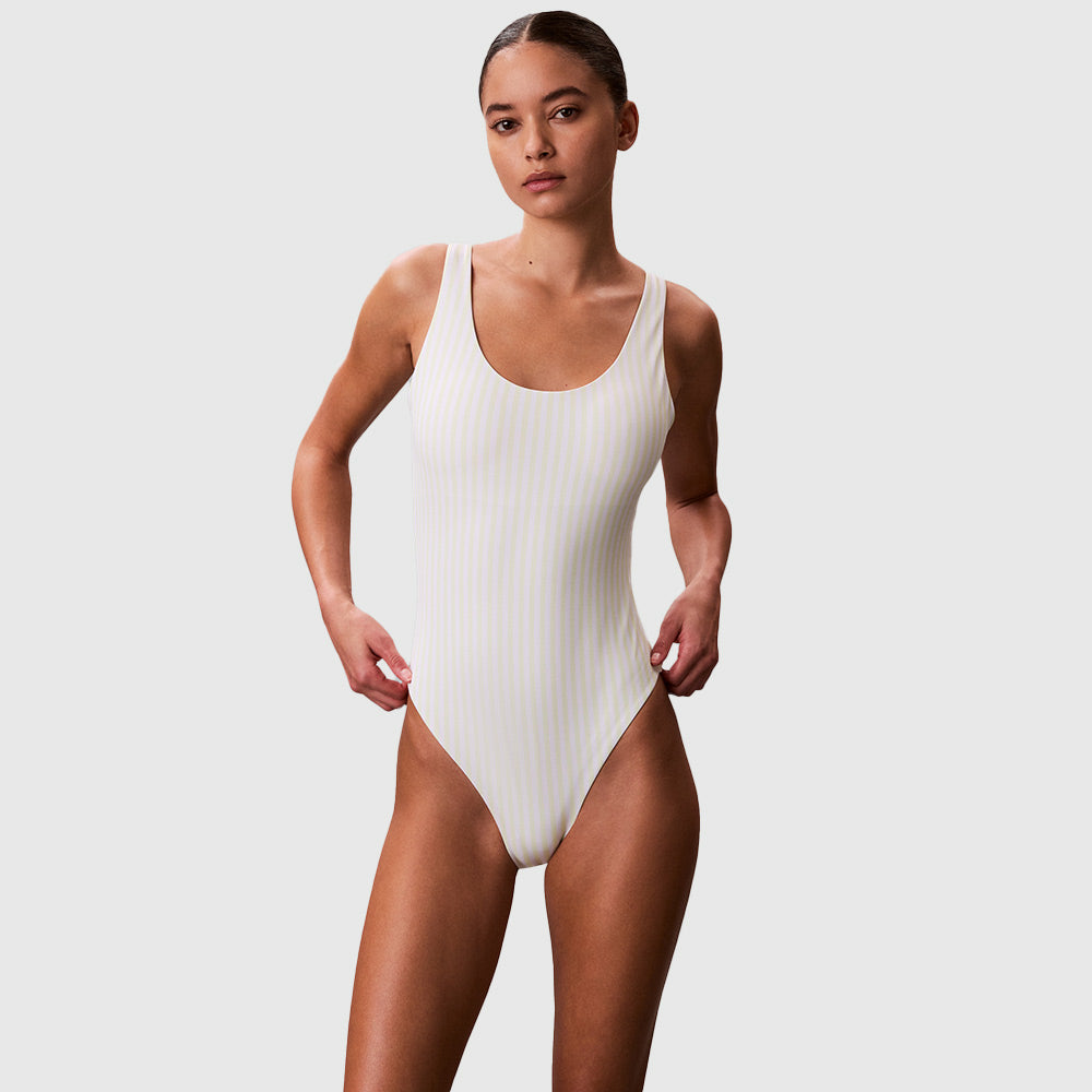 Striped Scoop Back Swimsuit - Pale Yellow