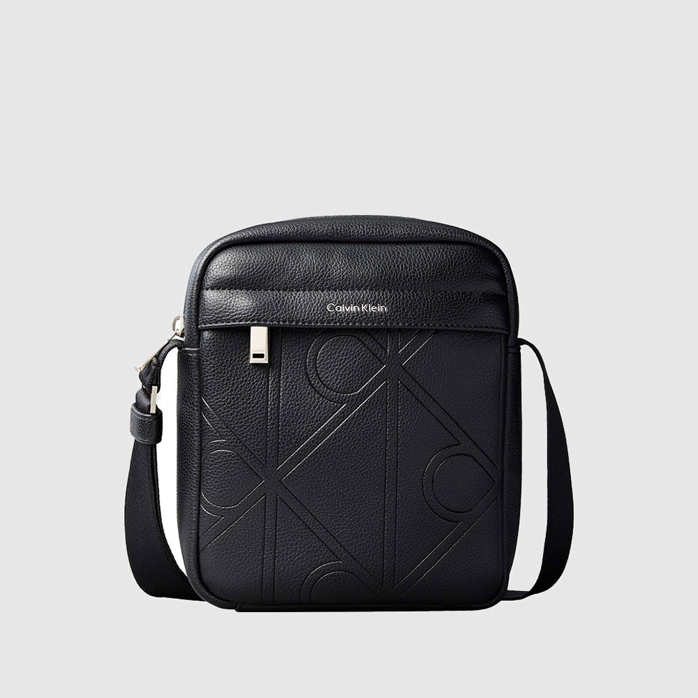 Allover Embossed Emblem Logo Reporter Bag - Black