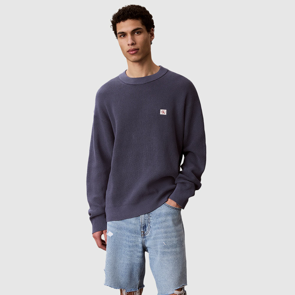 Cotton Waffle Crewneck Sweater - Navy