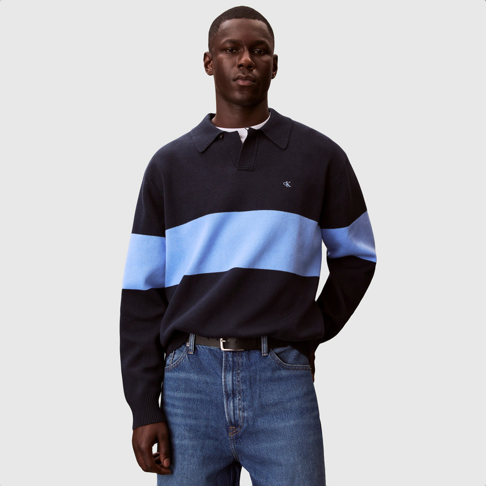 Calvin Klein Placed Stripe Golfer Sweatshirt - Navy |ThirdBaseUrban