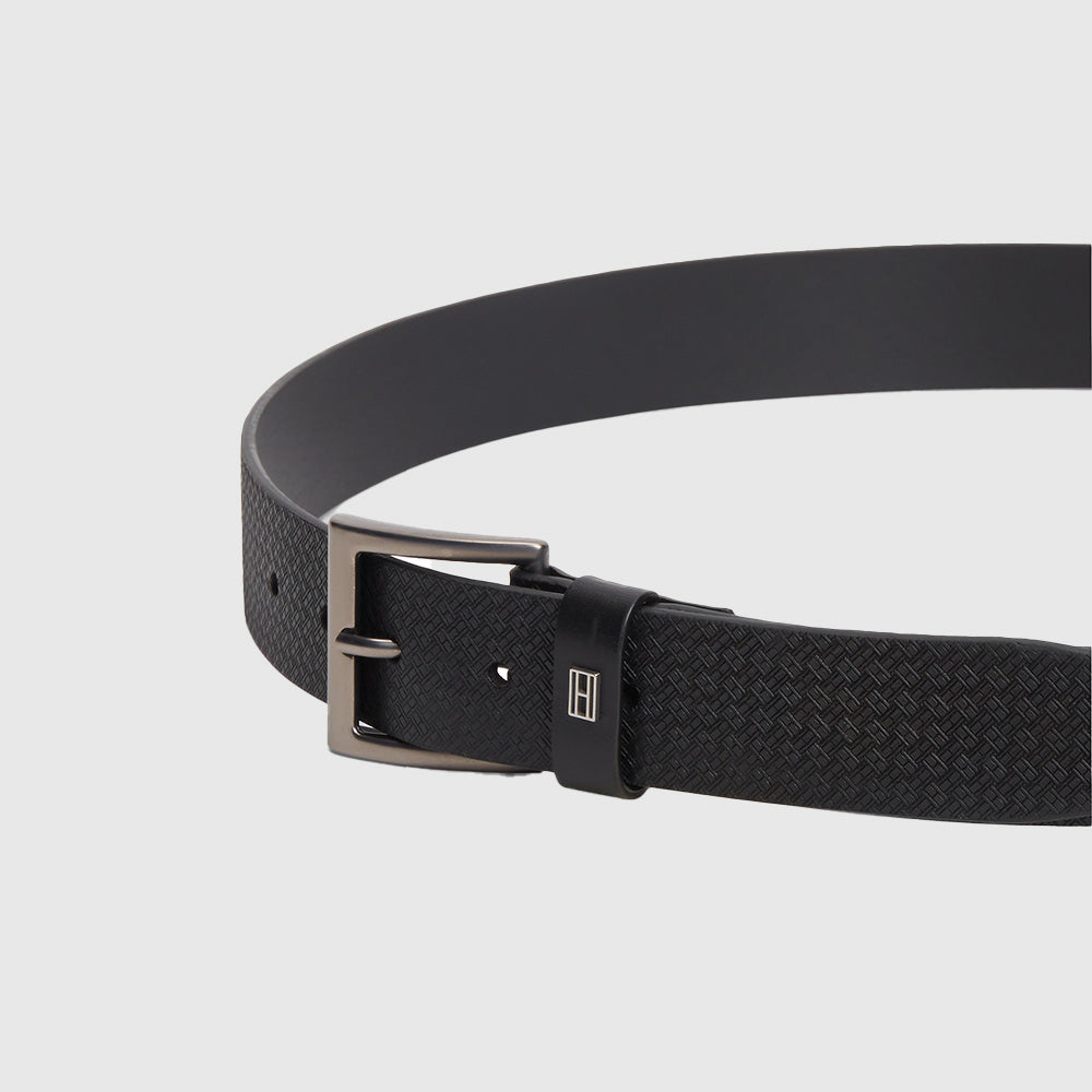 Flag Print Square Buckle Leather Belt - Black
