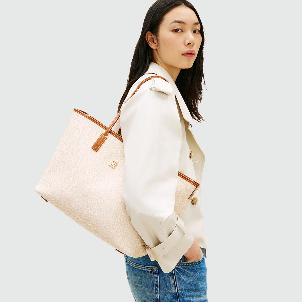 Monoplay Tote Leather Bag - Beige