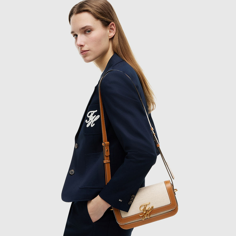 Canvas Leather Trim Crossbody Bag - Cognac
