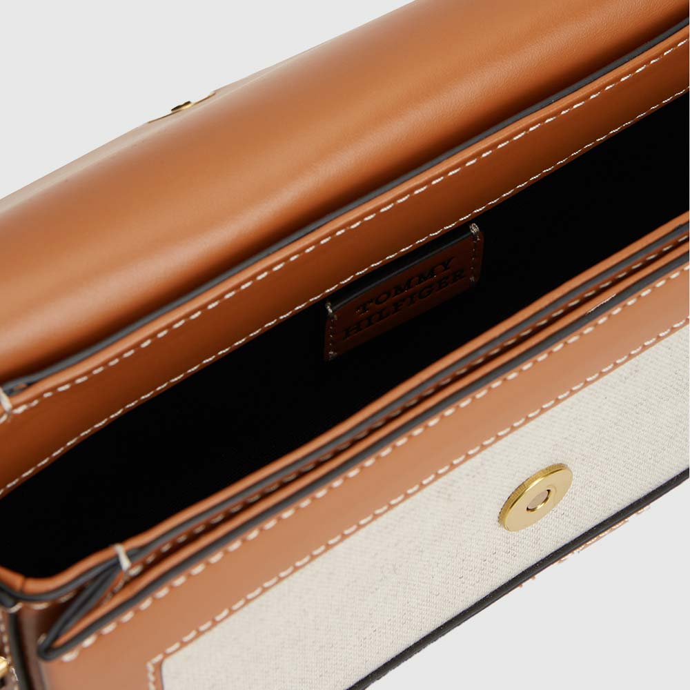 Canvas Leather Trim Crossbody Bag - Cognac