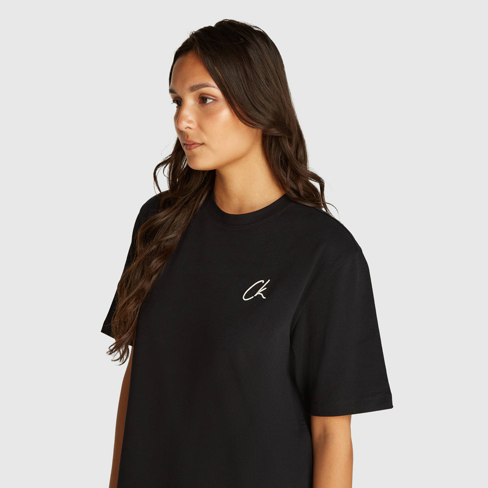 Embroidered Long T-Shirt Dress - Black