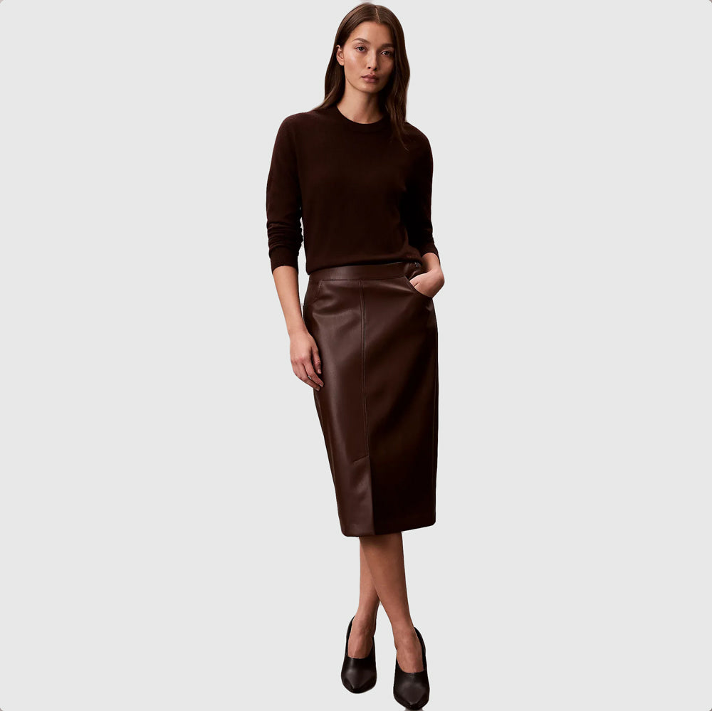 Calvin Klein Faux Leather Skirt - Dark Brown |ThirdBaseUrban