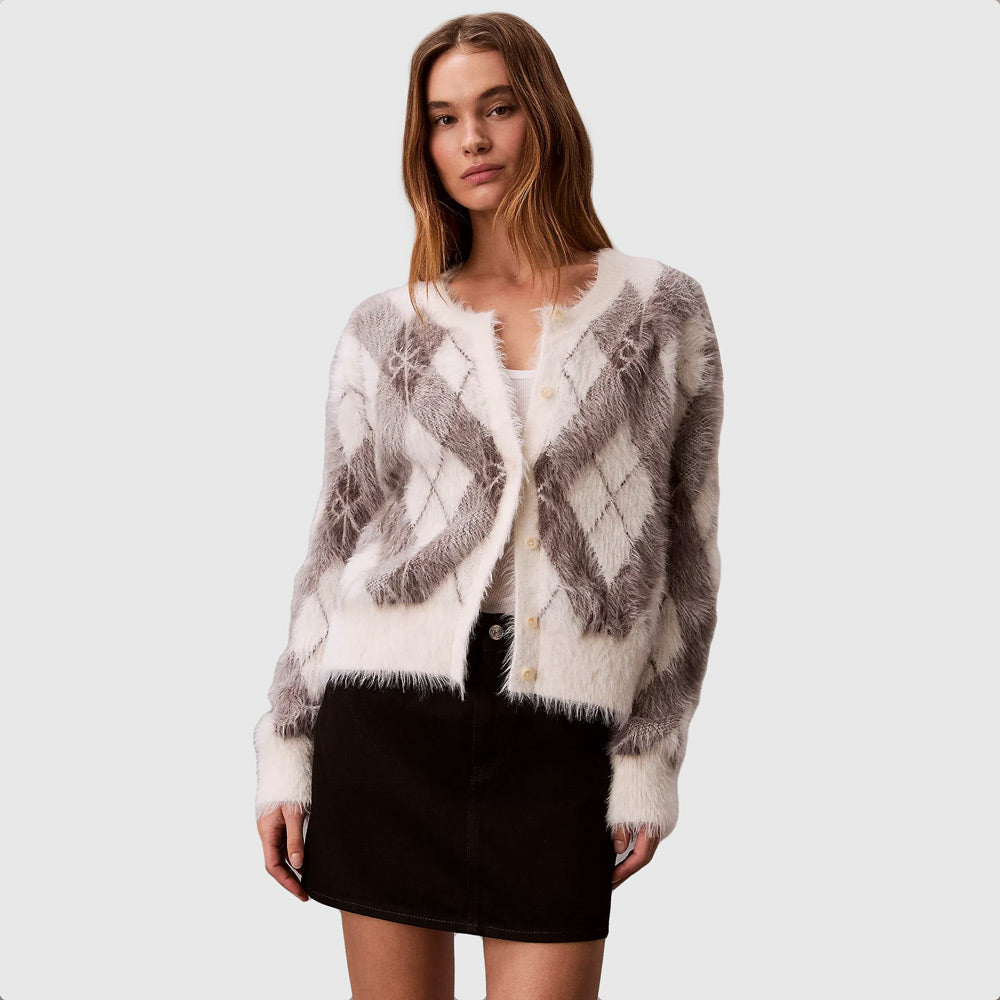 Calvin Klein Fuzzy Argyle Sweater - Offwhite Multi |ThirdBaseUrban