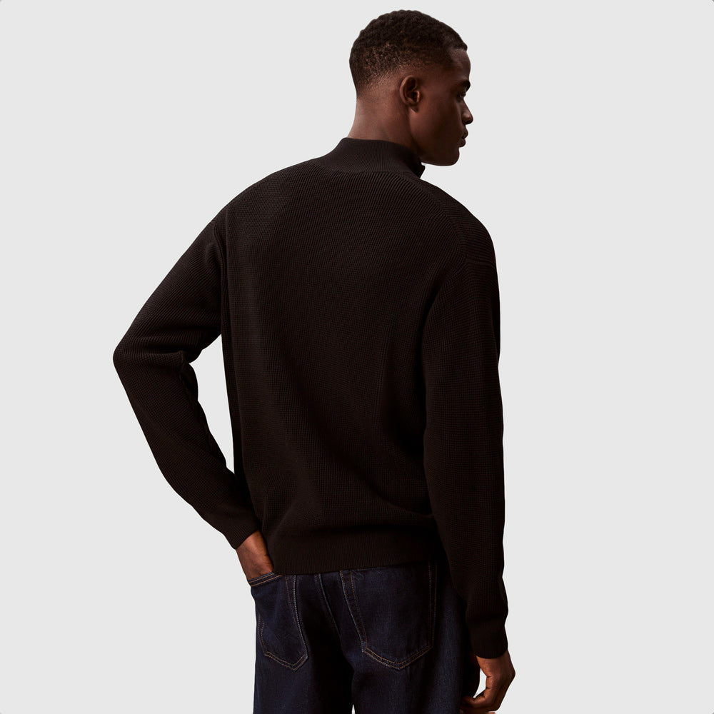 Cotton Waffle Quarter Sweater - Black