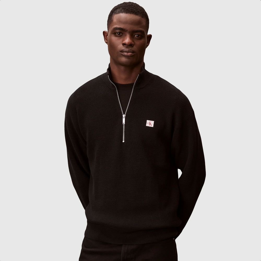 Calvin Klein Cotton Waffle Quarter Sweater - Black |ThirdBaseUrban