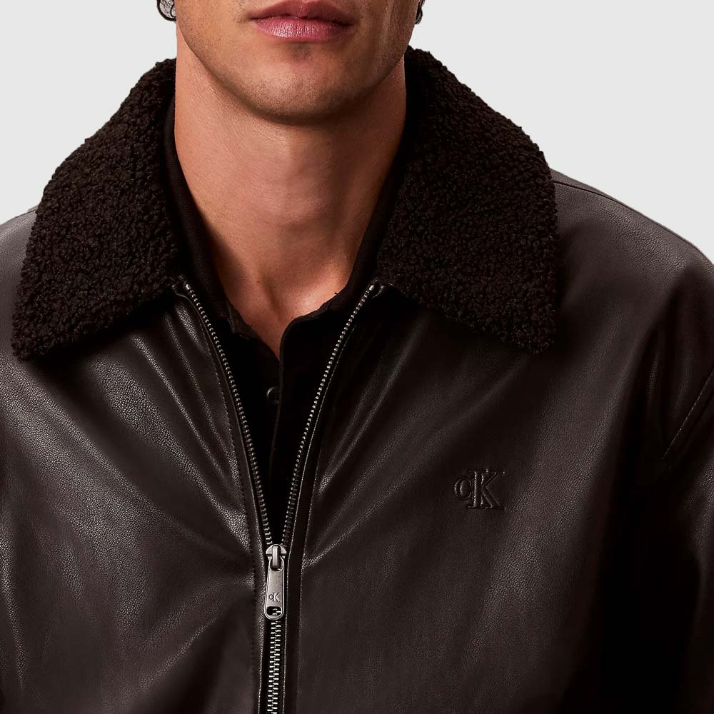 Faux Leather Sherpa Collar Bomber - Black