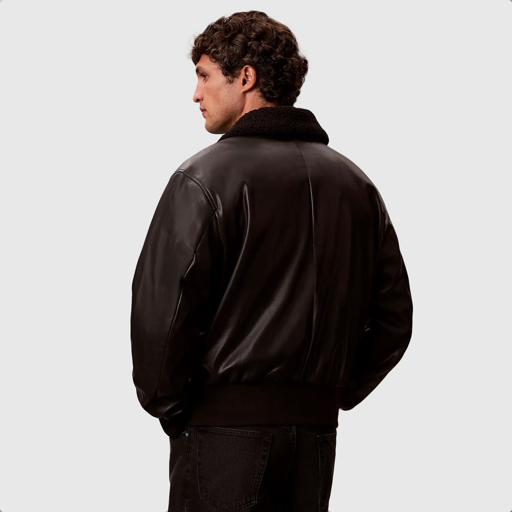 Faux Leather Sherpa Collar Bomber - Black