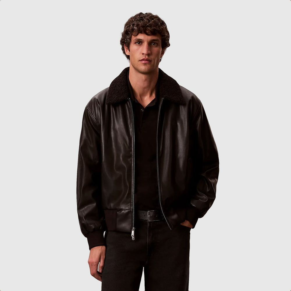 Calvin Klein Faux Leather Sherpa Collar Bomber - Black |ThirdBaseUrban