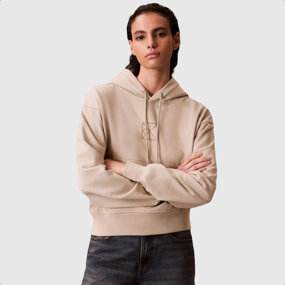 Calvin Klein Relaxed Premium Terry Emblem Hoodie - Beige |ThirdBaseUrban
