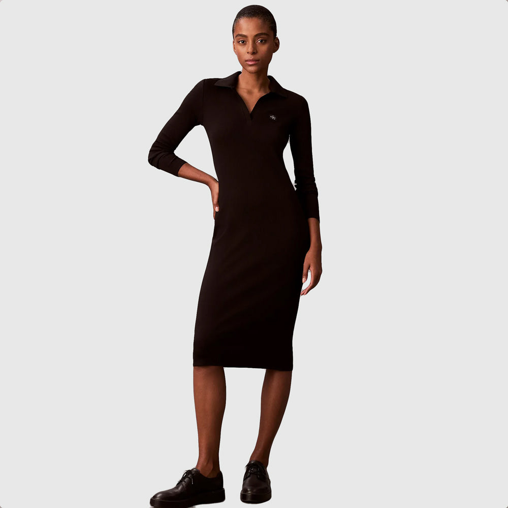 Calvin Klein Woven Label Johnny Collar Dress - Black |ThirdBaseUrban