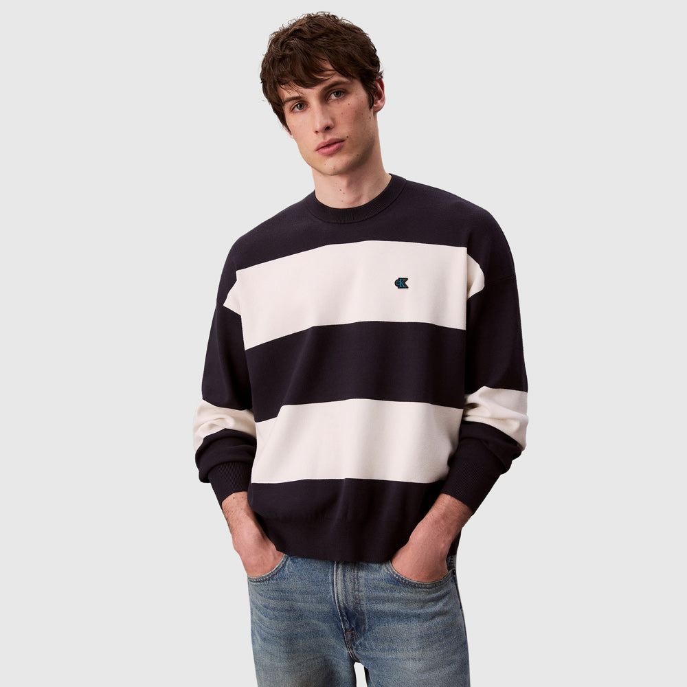 Calvin Klein Striped Snowy Sweater - Navy |ThirdBaseUrban