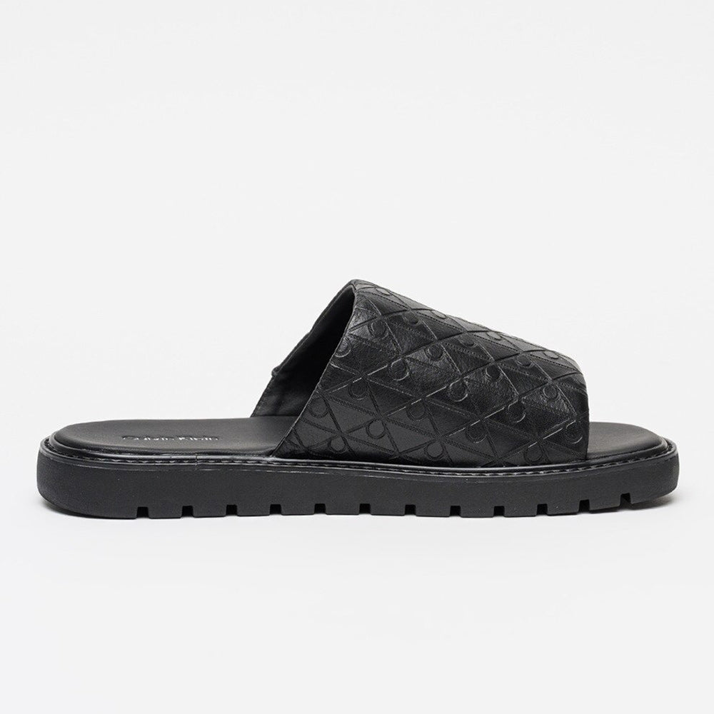Leather Logo Jacquard Sandals - Black