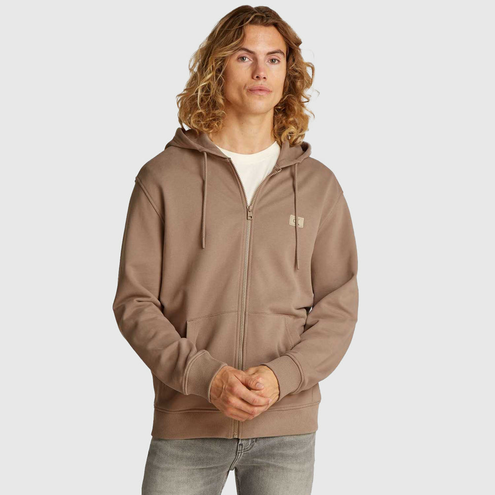 Calvin Klein Label Zip Through Hoodie - Taupe |ThirdBaseUrban