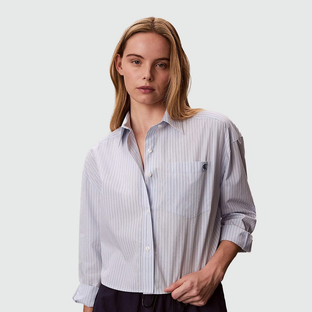 Cropped Cotton Poplin Stripe Shirt - Light Blue