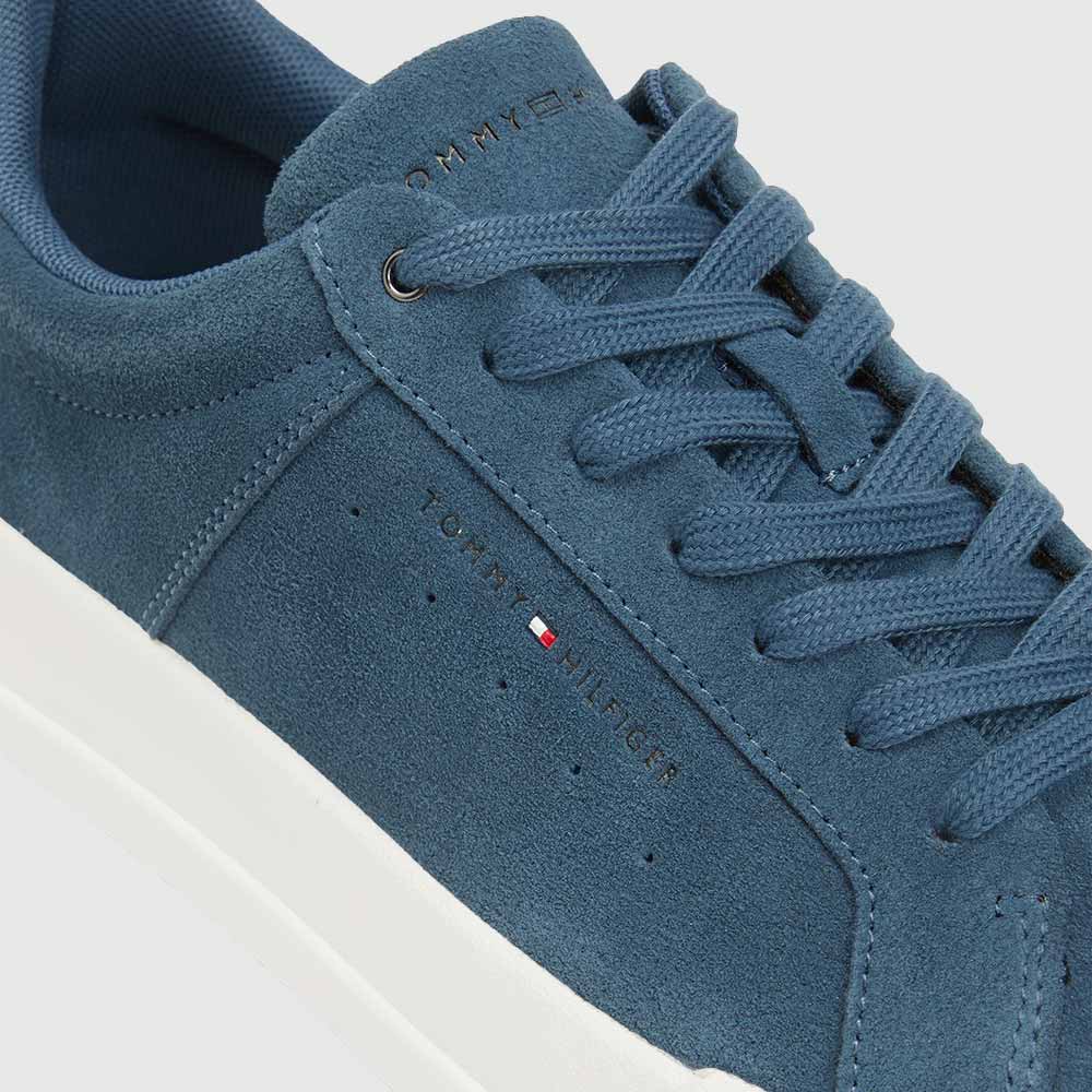 Contrast Heel Suede Court Trainers - Steel Blue