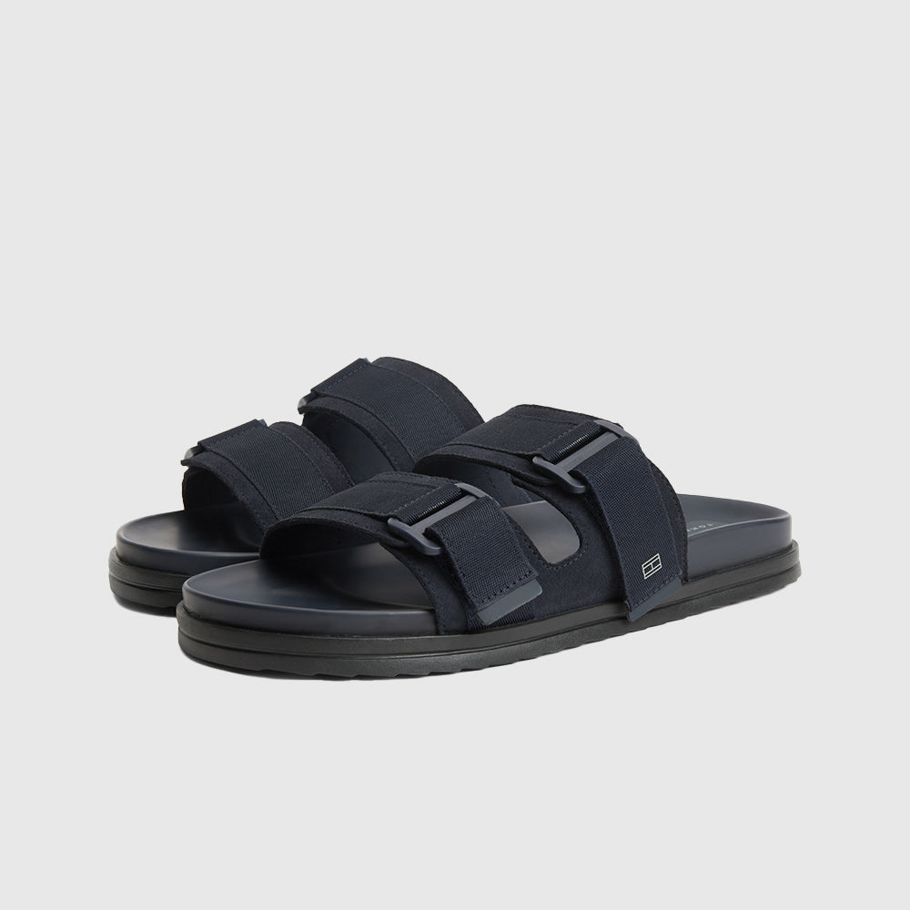 Webbing Strap Buckle Suede Sandals - Navy
