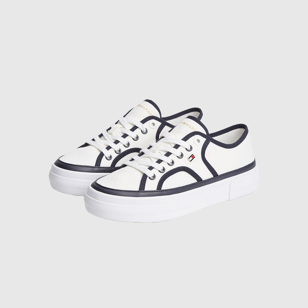 Contrast Piping Canvas Platform Trainers - Ecru Multi
