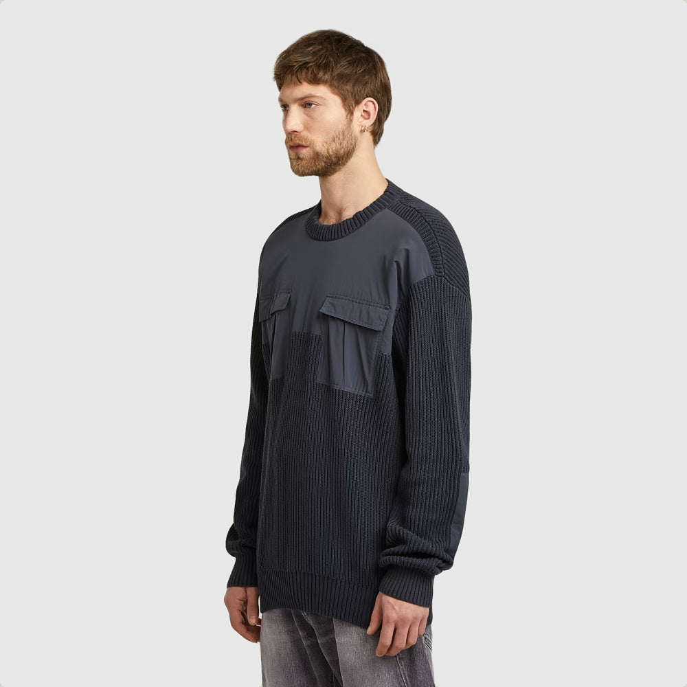 Woven Mix R Knit Sweater - Navy