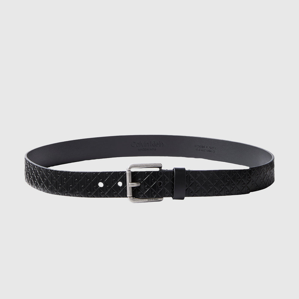 Embossed Logo Leather Belt - Black