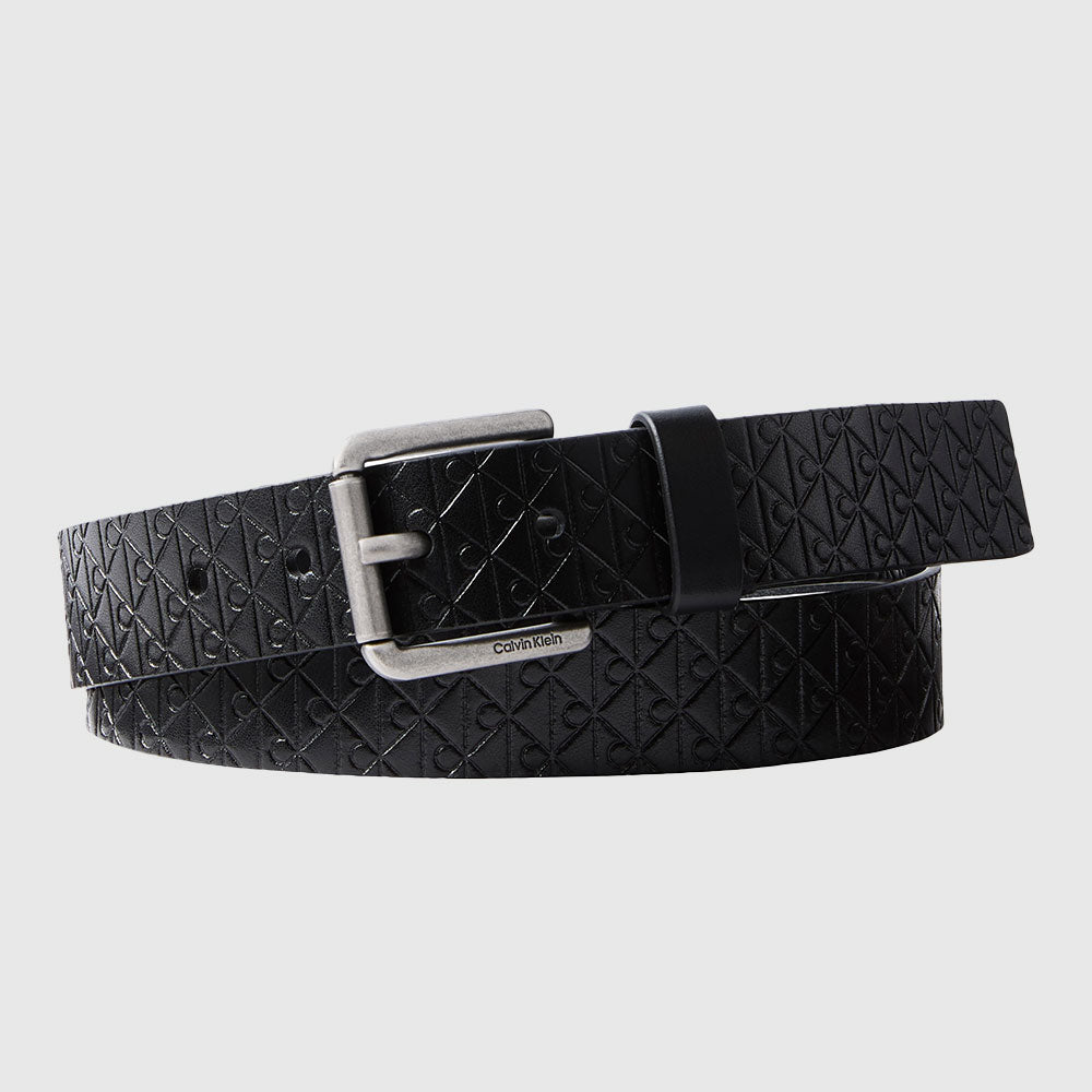 Embossed Logo Leather Belt - Black