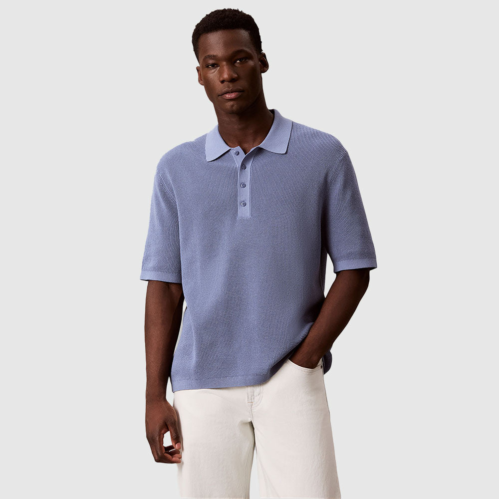 Cotton Waffle Knit Polo Shirt - Blue