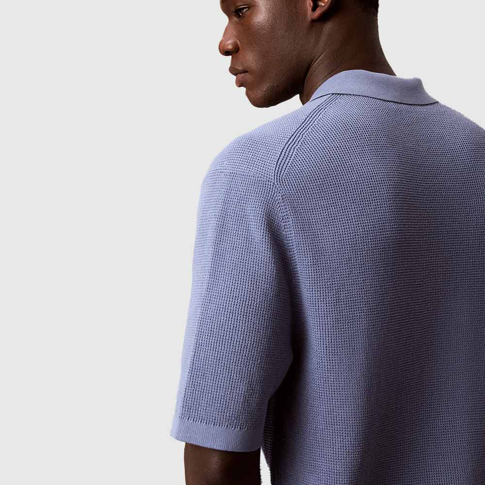 Cotton Waffle Knit Polo Shirt - Blue