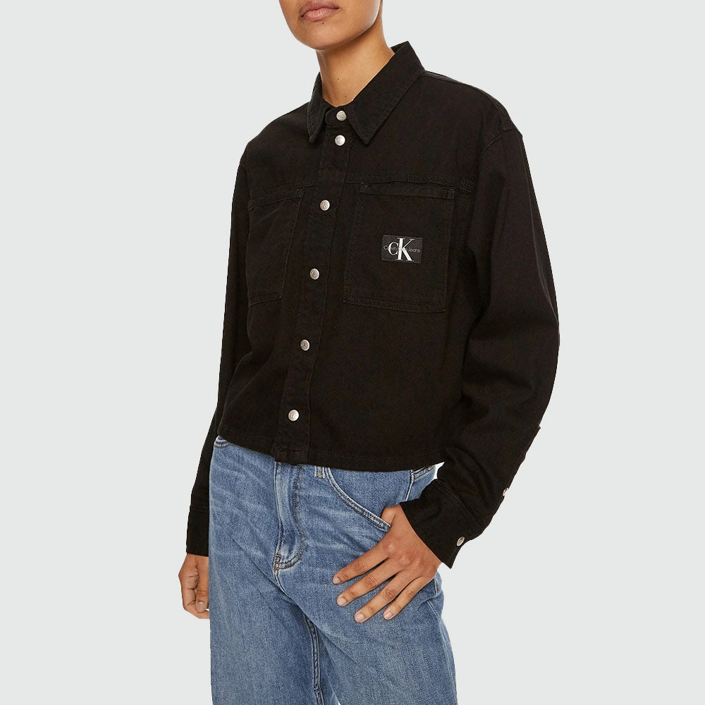 Cropped Dad Denim Shirt - Denim Black*