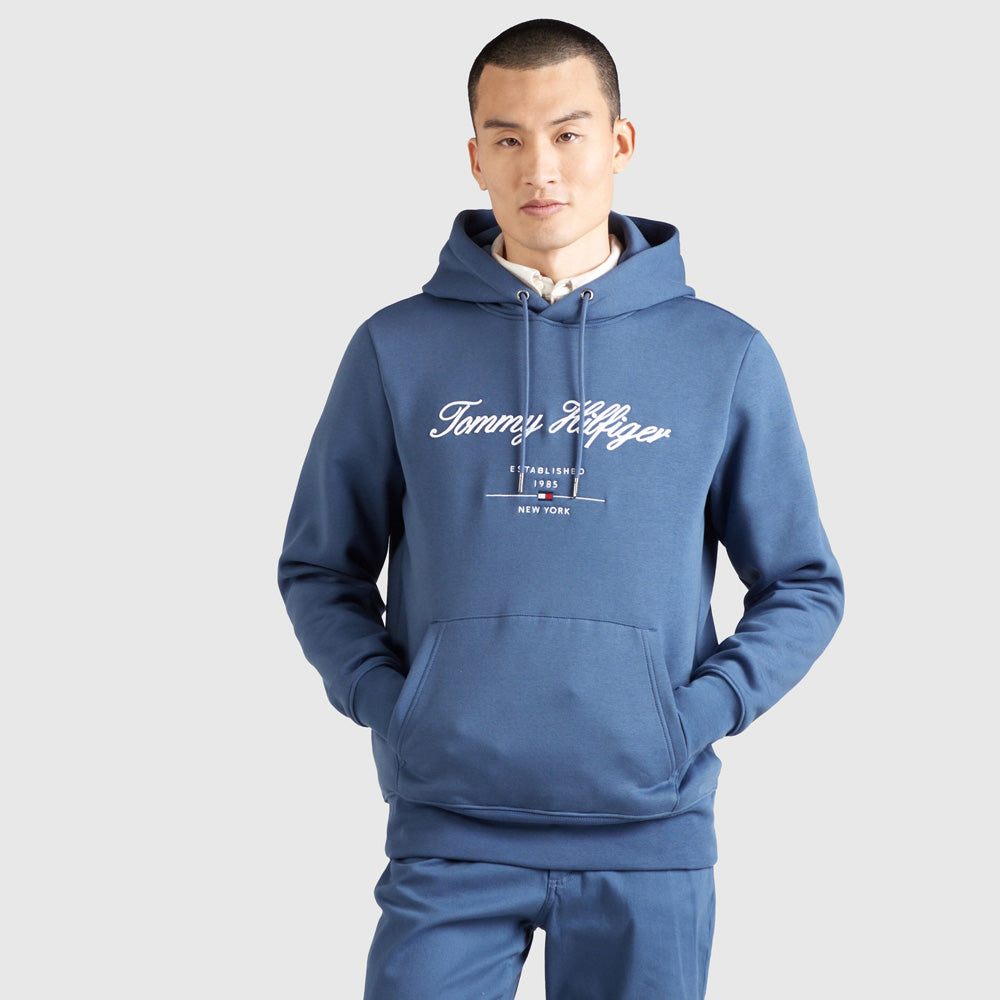 Tommy Hilfiger Script Logo Hoodie - Steel Blue |ThirdBaseUrban