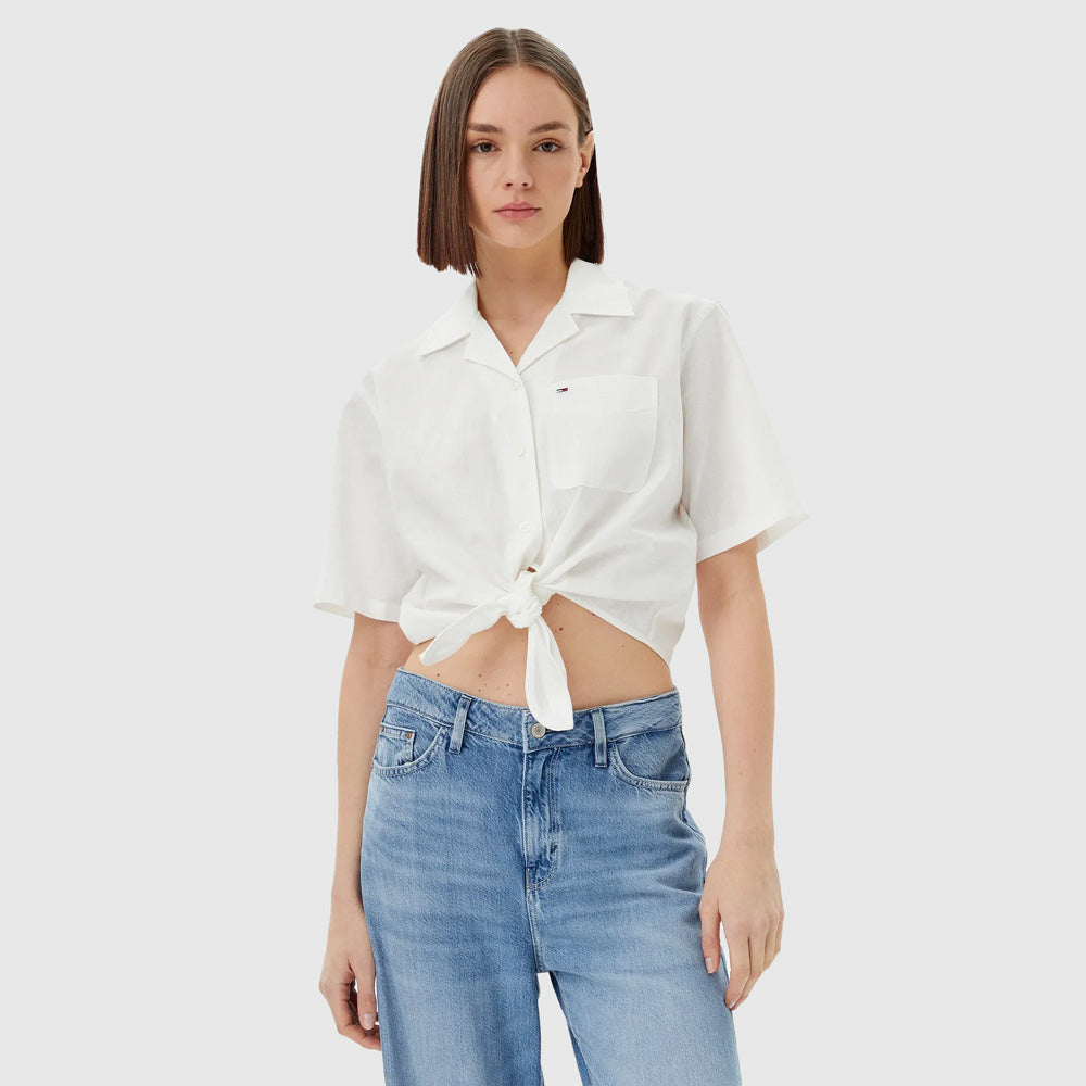 Tommy Hilfiger Linen Crop Shirt - Ecru |ThirdBaseUrban