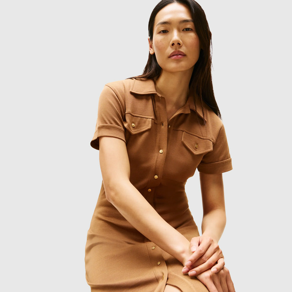 Gold Button Shirt Dress - Brown