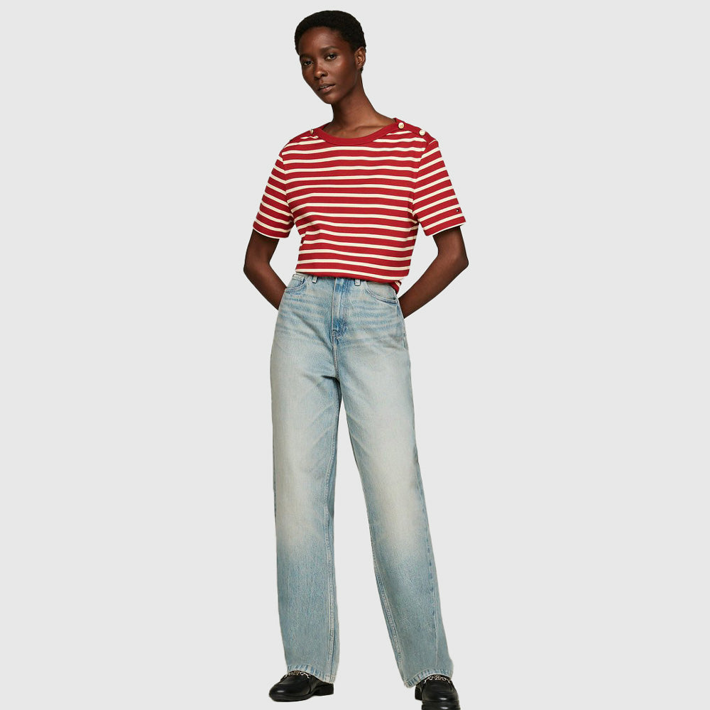 Stripe Gold Button T-Shirt - Magma