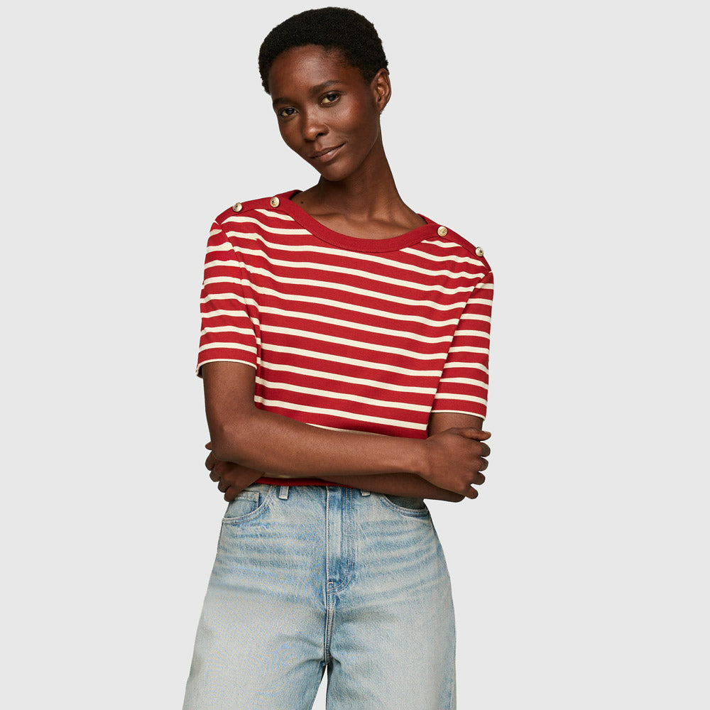 Tommy Hilfiger Stripe Gold Button T-Shirt - Magma |ThirdBaseUrban