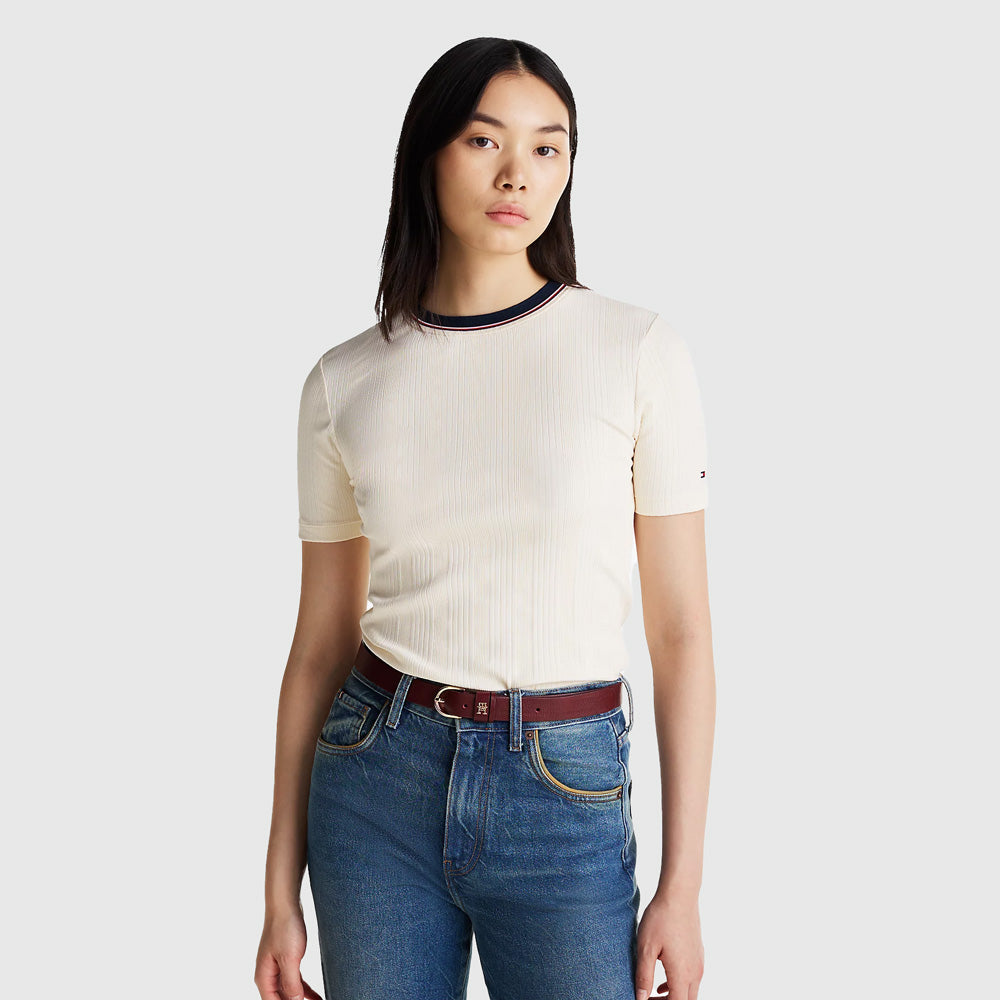 Tommy Hilfiger Slim Rib Knit T-Shirt - Off White |ThirdBaseUrban