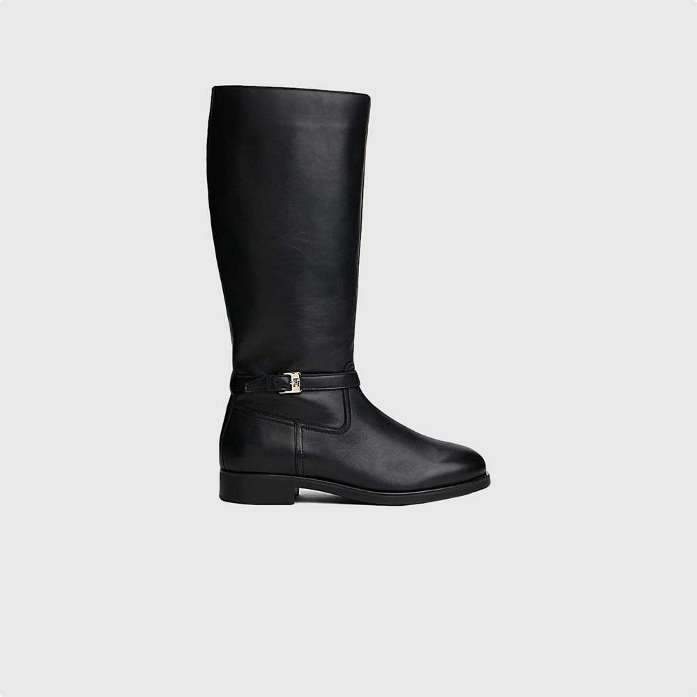 Tommy Hilfiger Buckle Riding Leather Boot - Black |ThirdBaseUrban