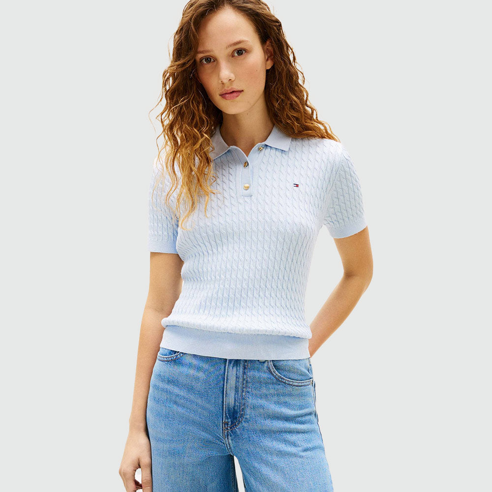 Cable Knit Polo Sweater - Blue