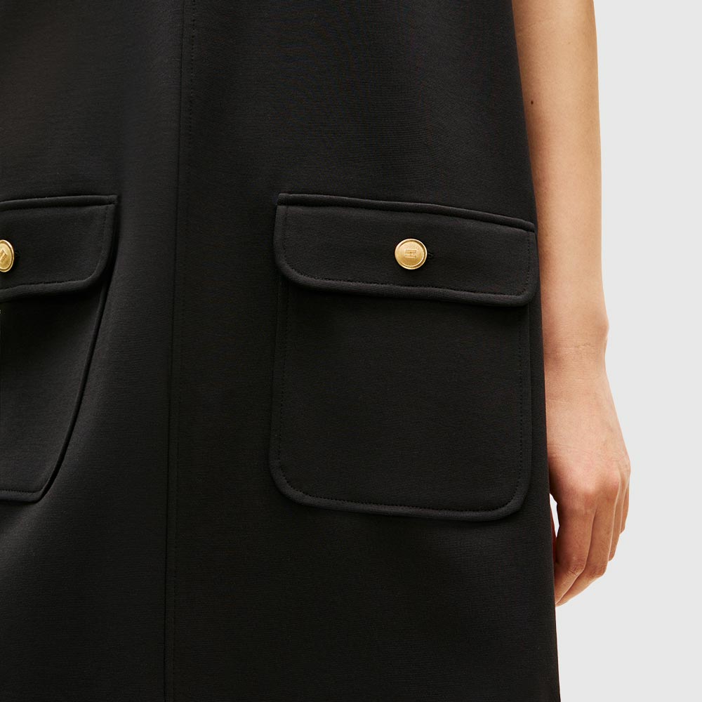 Gold Button Shift Mini Dress - Black