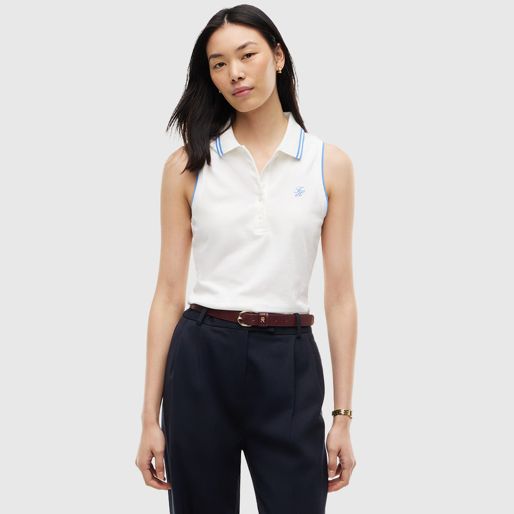 1985 Slim Fit Pique Sleeveless Polo Shirt - White