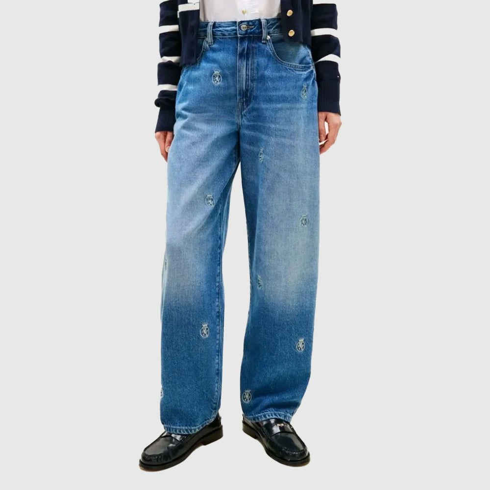 Crest Embroidery Mid Rise Barrel Leg Jeans - Denim Medium