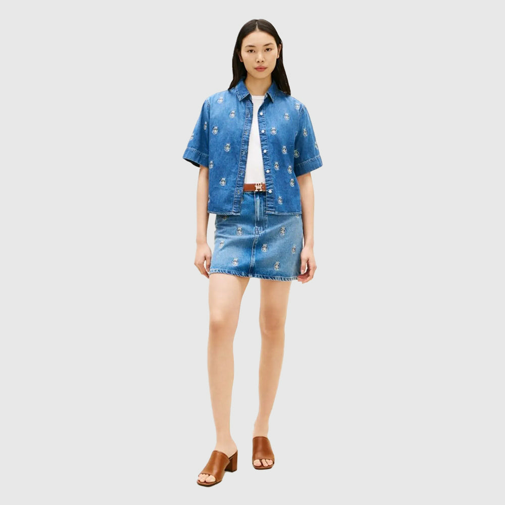 Embroidery Short Sleeve Denim Shirt - Denim Medium