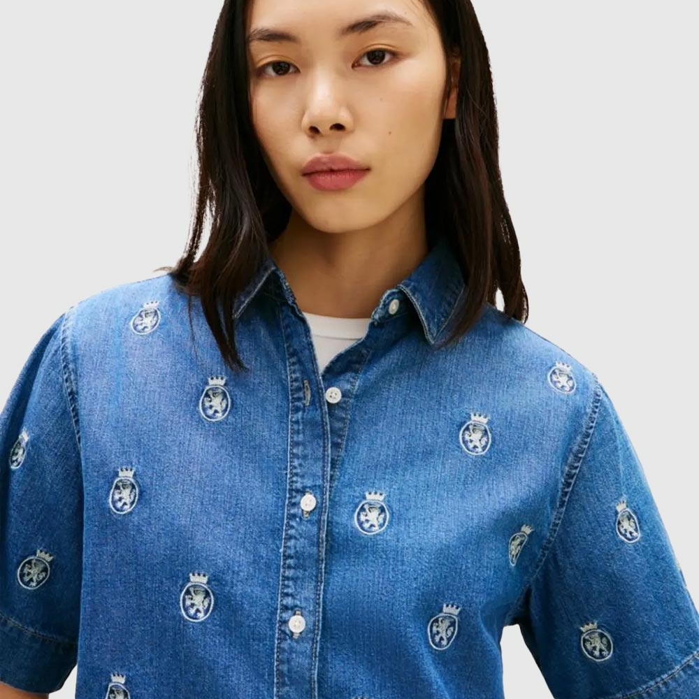 Embroidery Short Sleeve Denim Shirt - Denim Medium