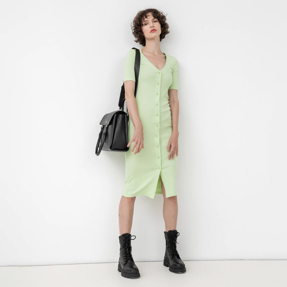 Button Through Rib Long Dress - Mint