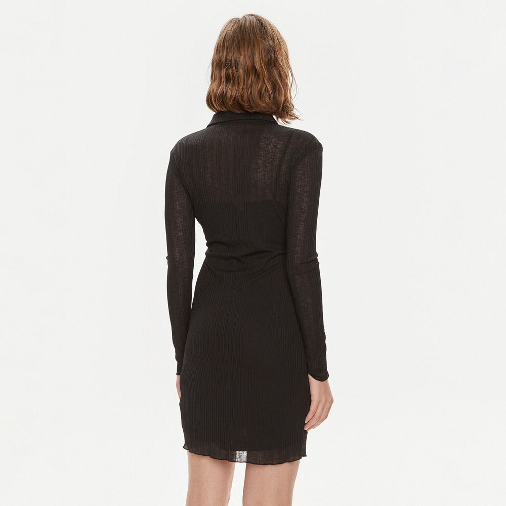 Layered Sheer Button Dress - Black