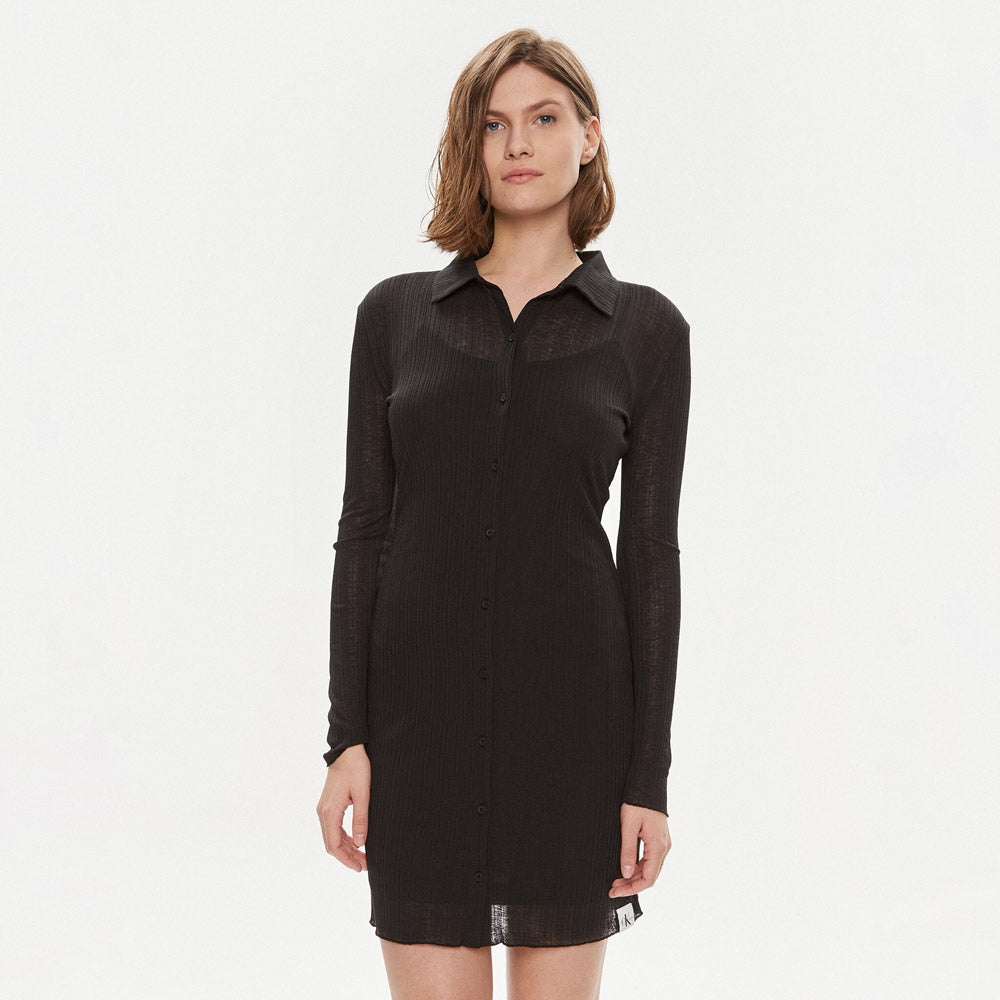 Layered Sheer Button Dress - Black