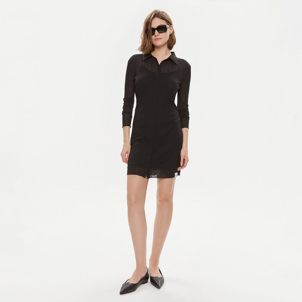 Layered Sheer Button Dress - Black