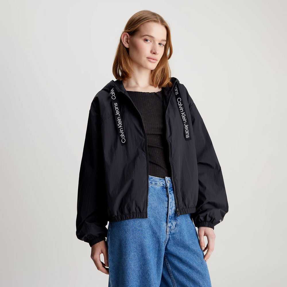 Logo Drawstring Windbreaker - Black
