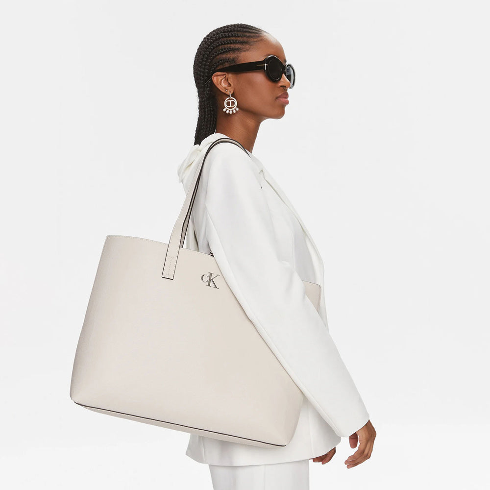 Minimal Monogram Slim Tote Bag - Stone